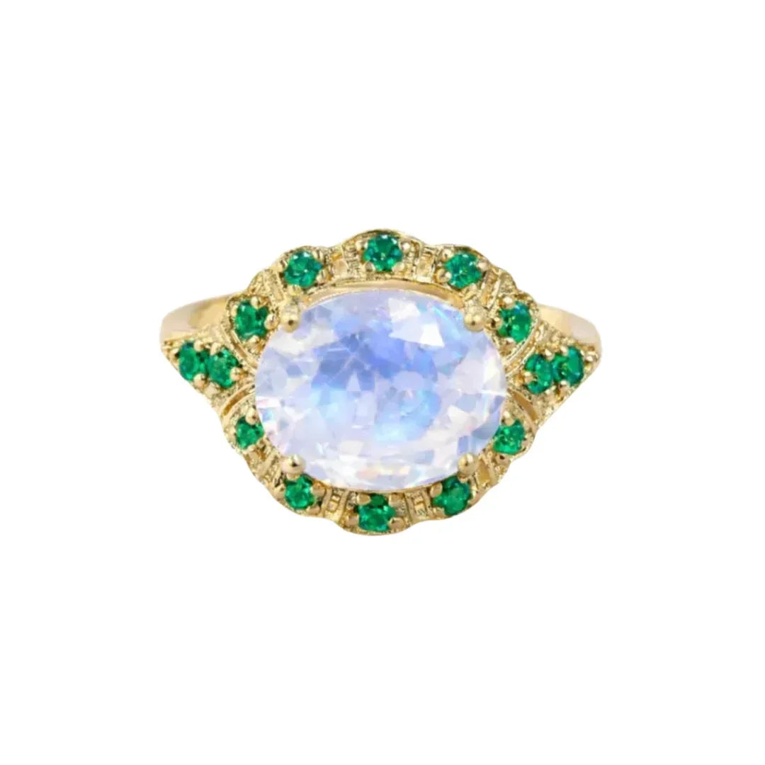 14K Gold Rainbow Moonstone & Emerald Ring