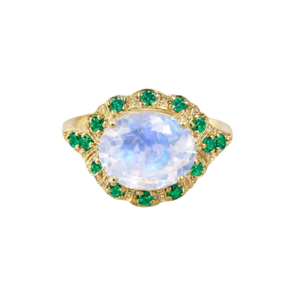 14K Gold Rainbow Moonstone & Emerald Ring