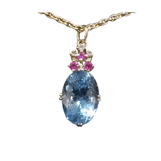 Blue Aquamarine with Ruby and Diamond 14k Gold Pendant - K Jewelry Accessories