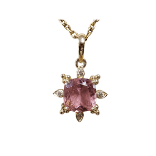 Handmade 14k Gold Cushion Pink Tourmaline and Diamond Pendant - K Jewelry Accessories