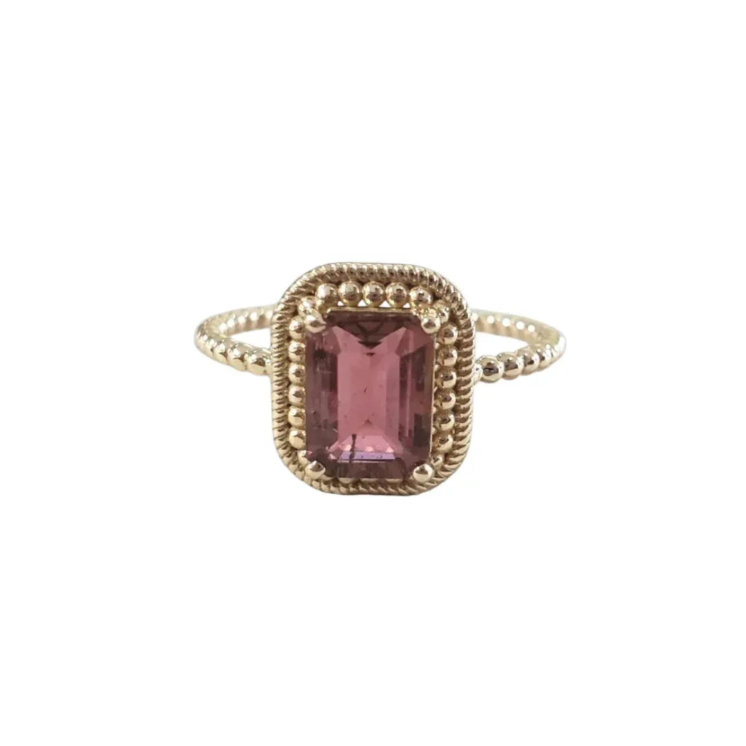 14k Gold Pink Tourmaline Ring | Vintage Beaded Stackable Band - K Jewelry Accessories