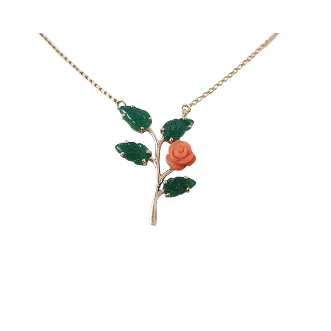 14k Gold Emerald Leaf & Coral Rose Pendant Necklace - K Jewelry Accessories