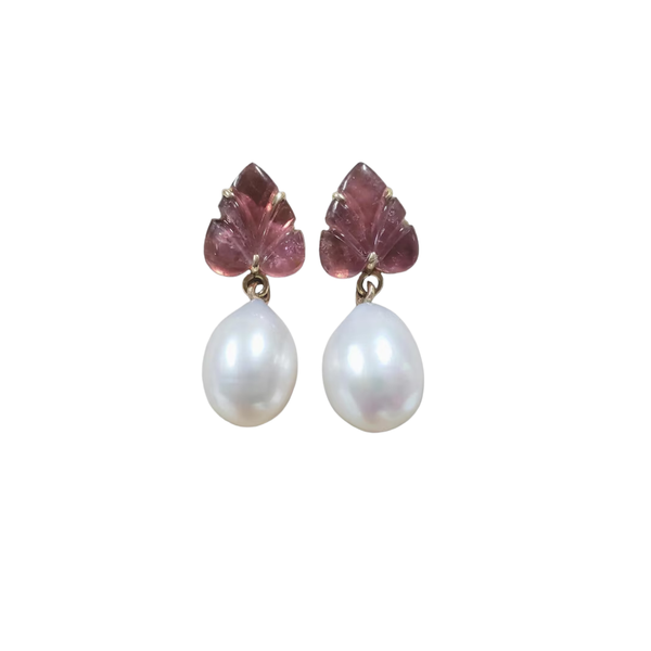 Solid 14K Gold Pearl Drops and Pink Tourmaline Earrings