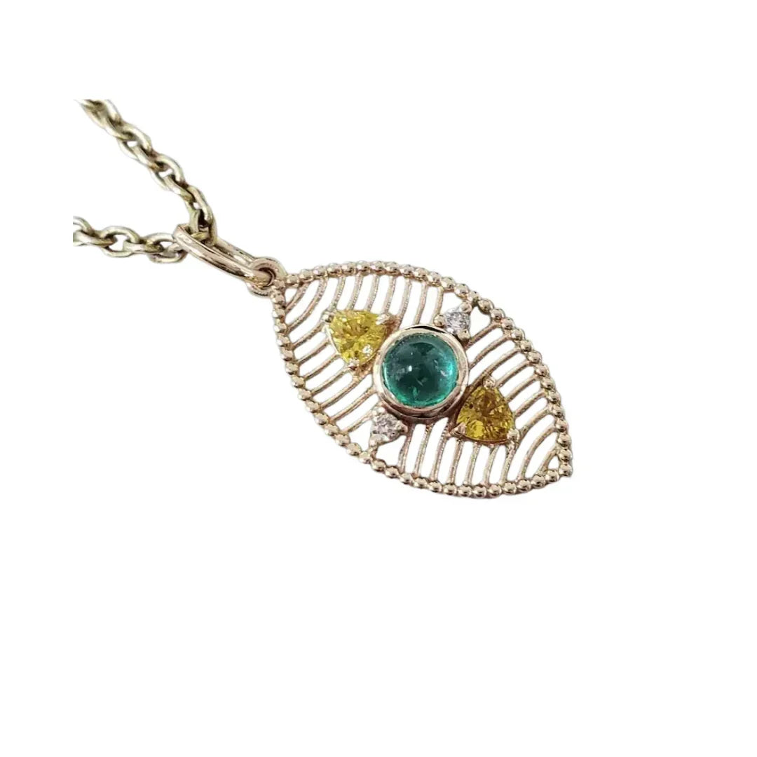 14K Gold Emerald Cabochon Pendant with Yellow Sapphire & Diamond - K Jewelry Accessories