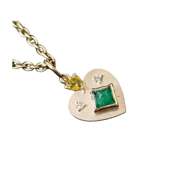14k Gold Square Emerald Heart Pendant with Yellow Sapphire & Diamond