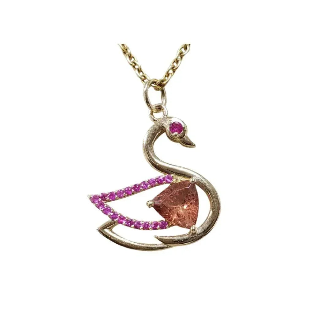 14k Gold Swan Pendant: Ruby Eyes, Tourmaline Center - K Jewelry Accessories