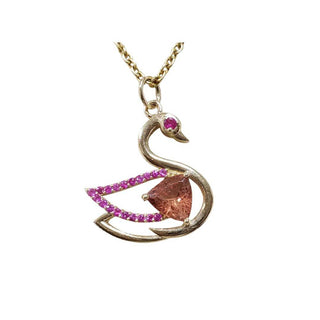 14k Gold Swan Pendant: Ruby Eyes, Tourmaline Center - K Jewelry Accessories
