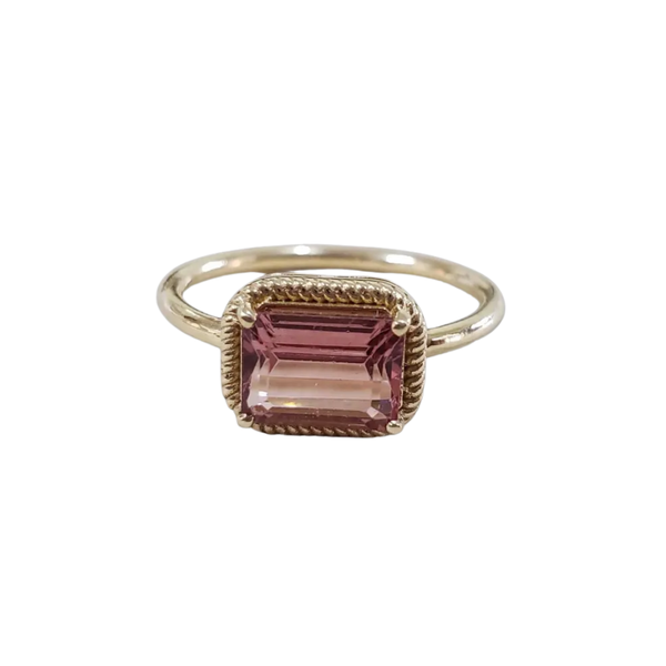 14k Solid Gold Pink Tourmaline Ring | Emerald Cut Statement Ring