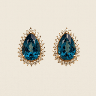14k Gold London Blue Topaz Pear Earrings with Diamond Halo - K Jewelry Accessories