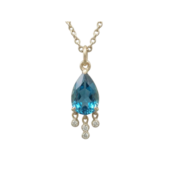 14K Gold Swiss Blue Topaz Pendant | Pear Cut Diamond Accent