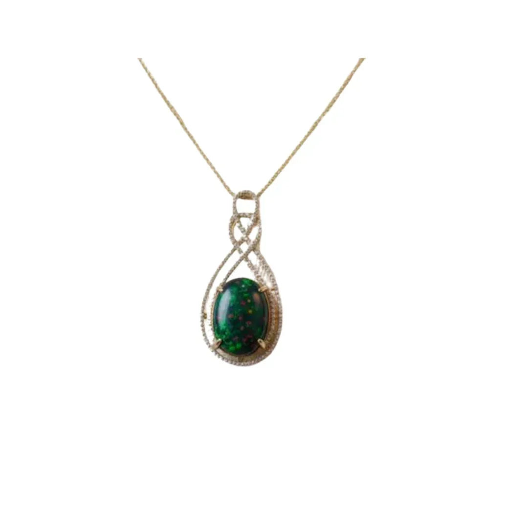 14k Gold Black Opal Pendant | Diamond Halo, Gothic Style - K Jewelry Accessories