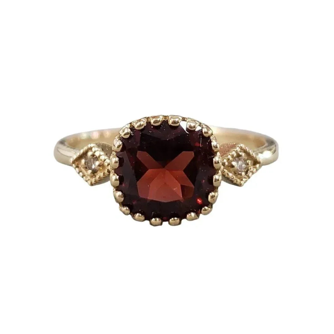 Cushion Garnet Diamond Gold Ring: Handmade Stackable Jewelry - K Jewelry Accessories