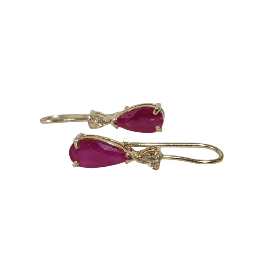 Teardrop Ruby Earrings: Rose Cut Diamond, 14k Gold Lever Backs - K Jewelry Accessories