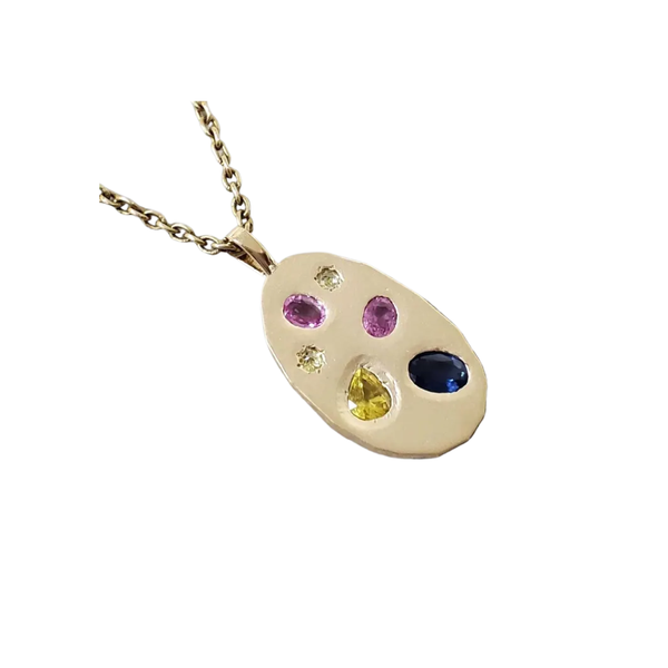 Matte 14K Gold Multi Sapphire Pendant – Pink & Blue, Yellow Sapphire