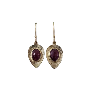 14k Gold Ruby Earrings: Hammered Oval Cabochon, Dainty Gemstone