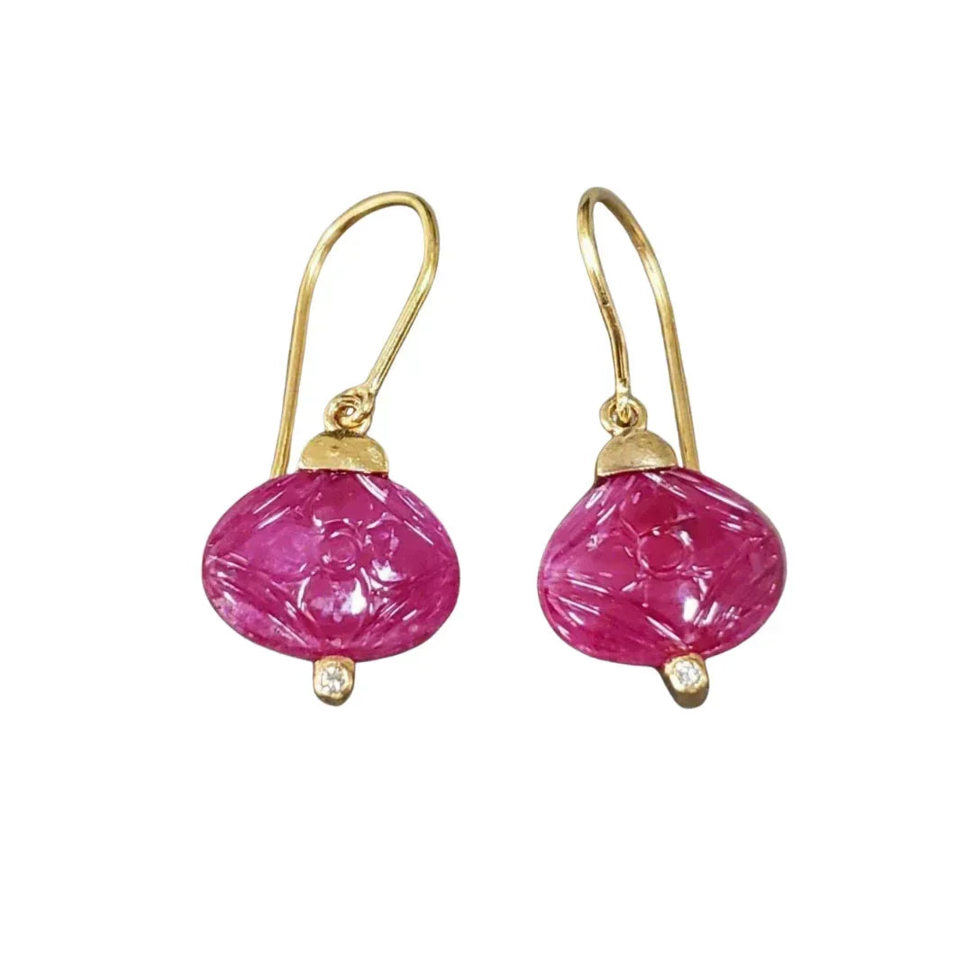 14k Gold Floral Carving Ruby Diamond Dangle Earrings - K Jewelry Accessories