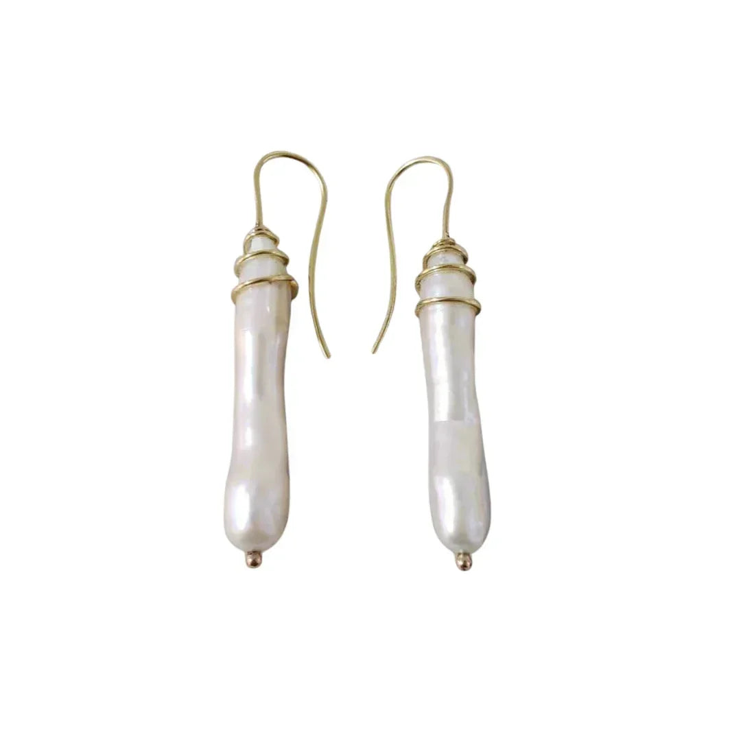 14k Gold Pearl Earrings: Organic Gemstone, Wire Wrap Dangle - K Jewelry Accessories