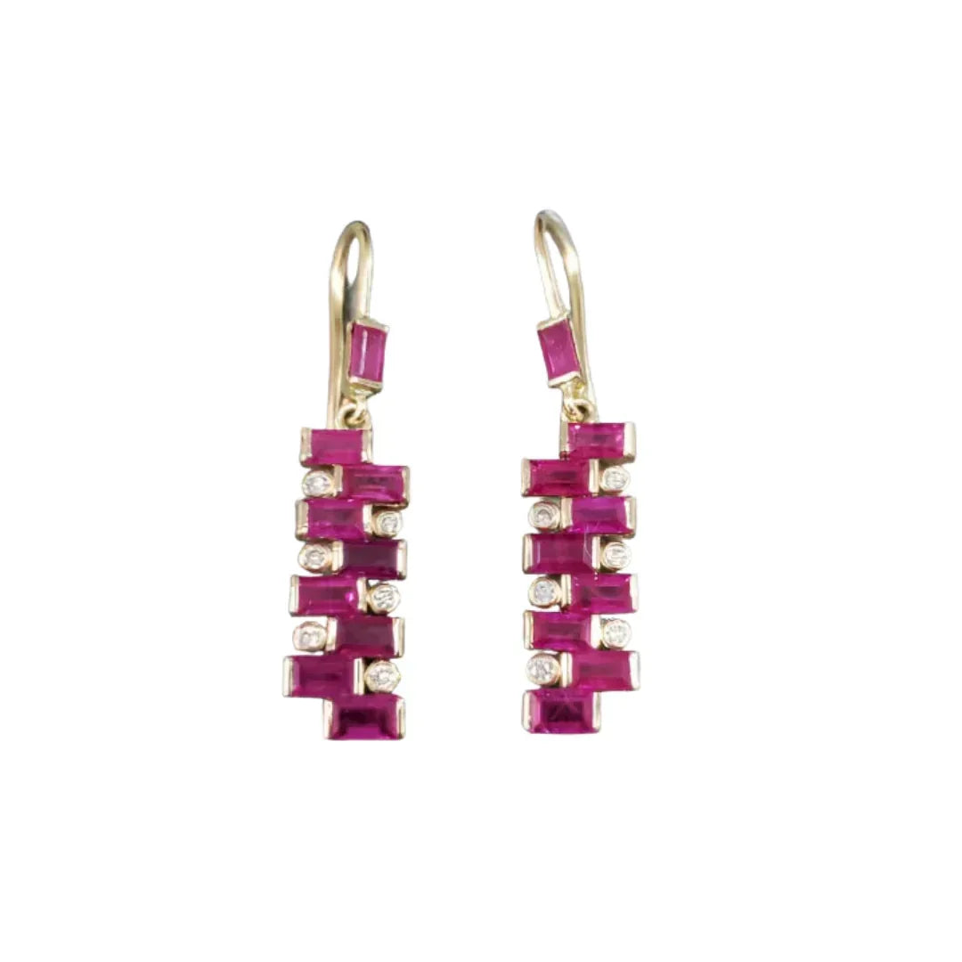 Handmade 14k Gold Baguette Ruby Diamond Earrings: Anniversary Jewelry - K Jewelry Accessories