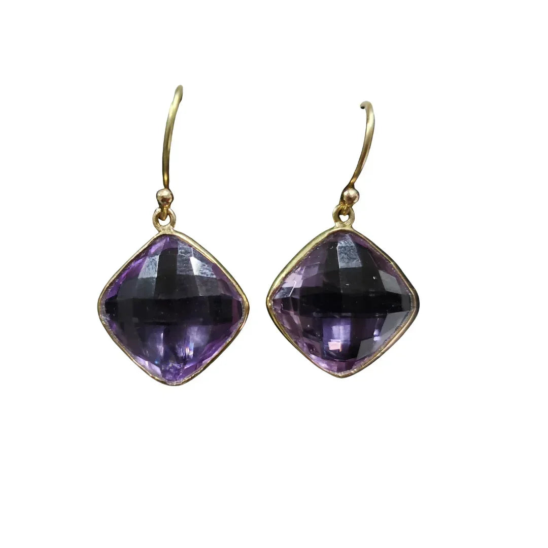 14k Gold Amethyst Earrings: Checker Cut Cushion Gemstone - K Jewelry Accessories