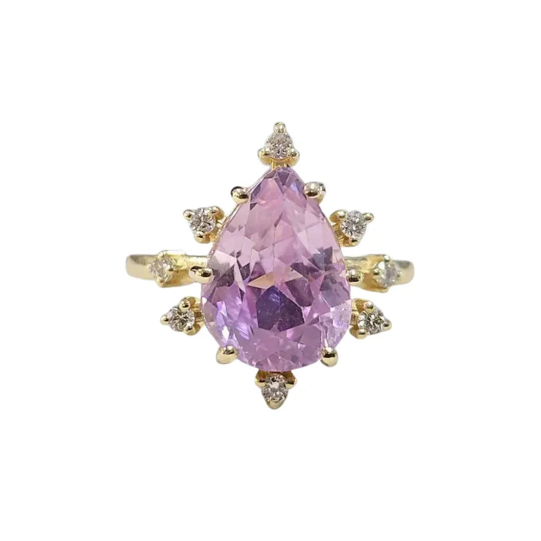 Pear Kunzite Diamond 14k Gold Ring: Art Deco Statement Jewelry - K Jewelry Accessories