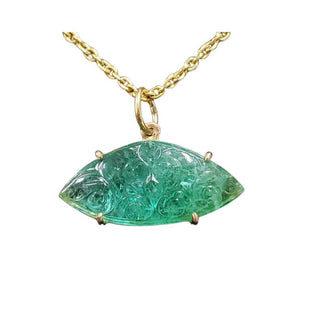 Handmade Marquise Zambian Emerald Pendant: Carved 18k Yellow Gold - K Jewelry Accessories