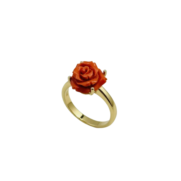 14K Gold Red Coral Rose Ring, Flower Carving