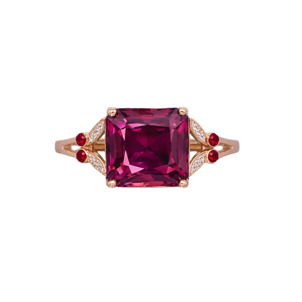 14k Gold Rhodolite Garnet Ring with Diamond & Ruby Accents