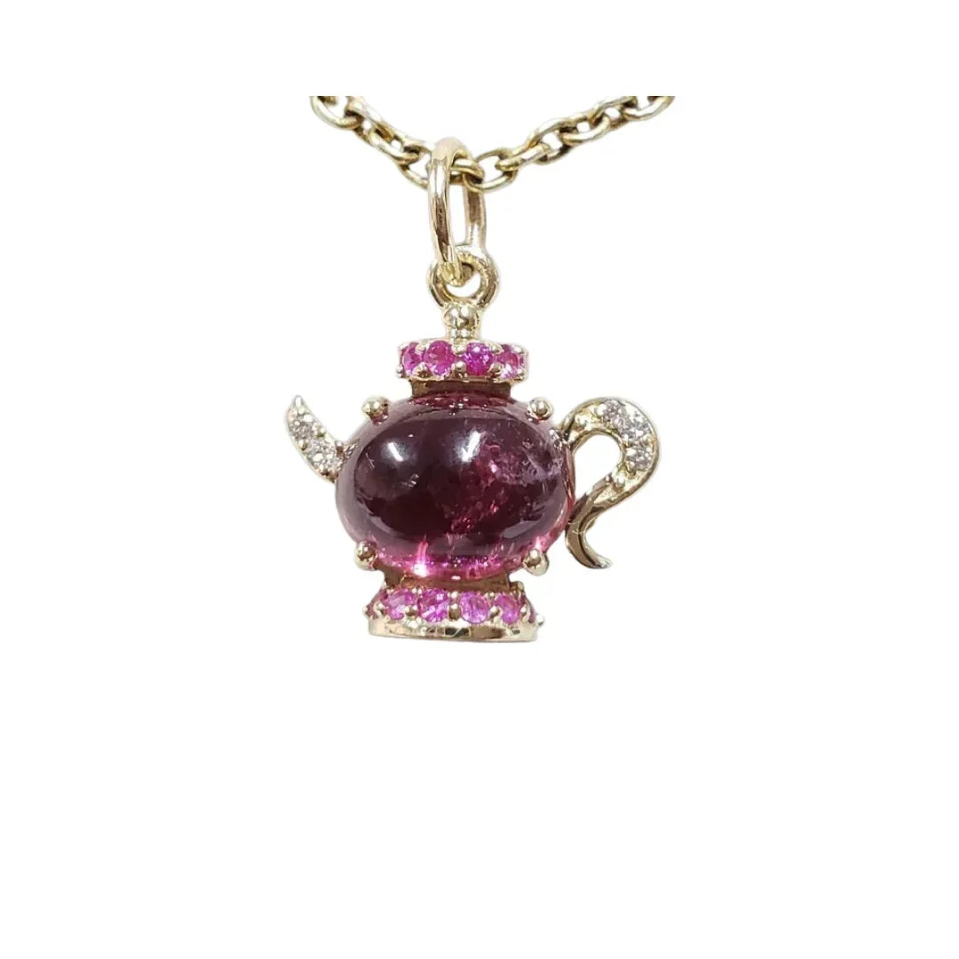 14K Gold Pink Tourmaline Teapot Pendant with Ruby & Diamond - K Jewelry Accessories