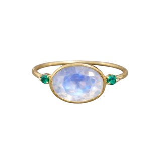 14K Gold Rainbow Moonstone & Emerald Ring