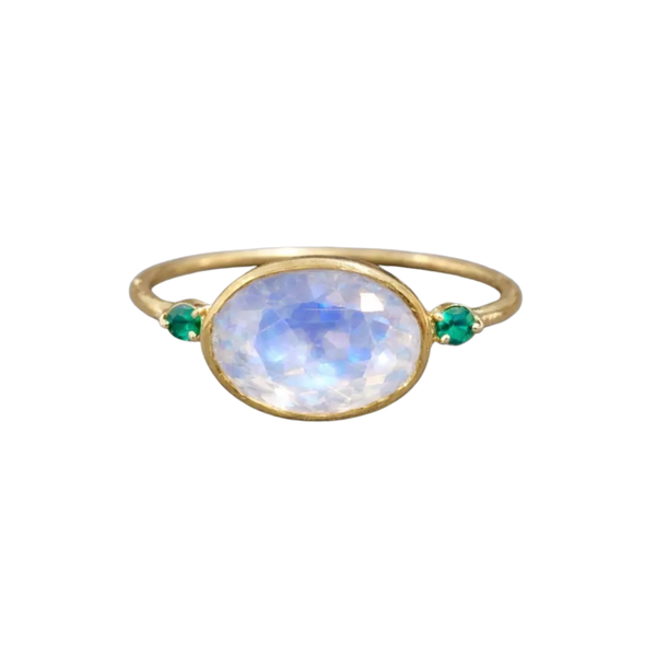 14K Gold Rainbow Moonstone & Emerald Ring