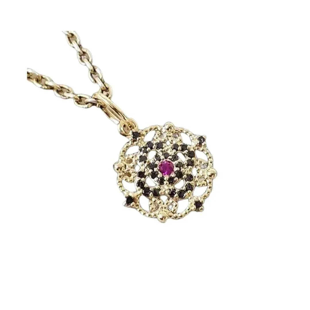 14k Gold Mandala Pendant: Ruby, Black Diamond Filigree Necklace - K Jewelry Accessories