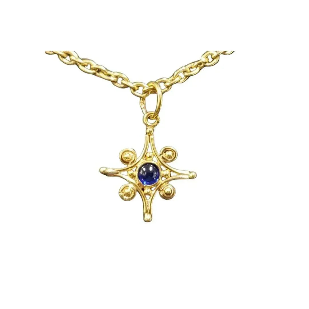 Floral 18k Gold Blue Sapphire Pendant: Handmade Cabochon Jewelry - K Jewelry Accessories