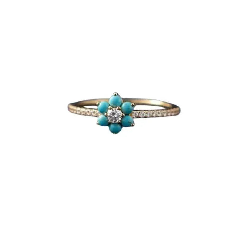 14k Gold Turquoise Diamond Flower Ring – Dainty Birthstone Ring - K Jewelry Accessories