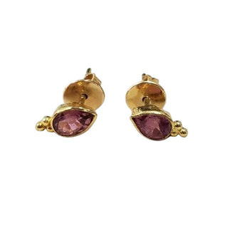 18k Solid Gold Teardrop Pink Tourmaline Gold Studs, Handmade Granules - K Jewelry Accessories