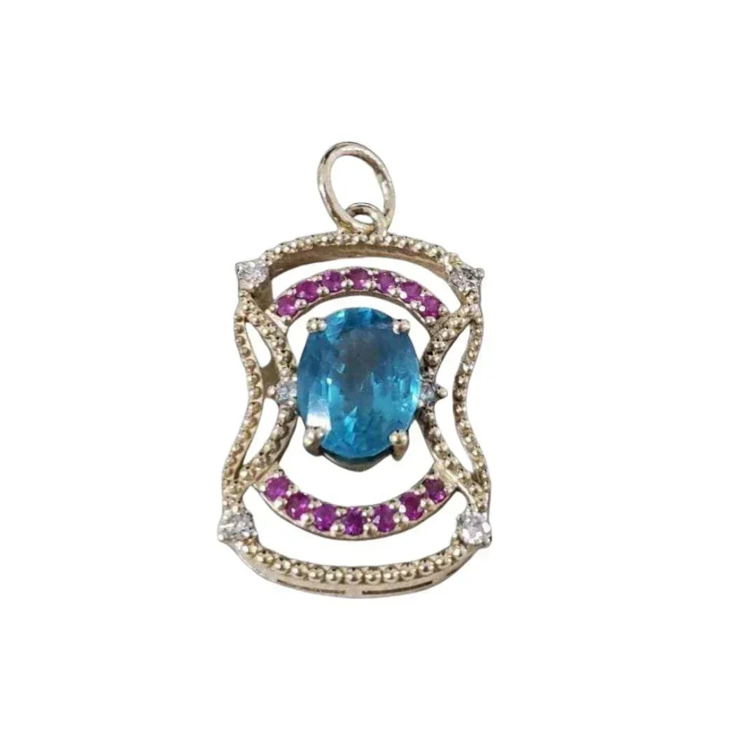 Art Deco 14k Gold Paraiba Apatite Pendant: Ruby & Diamond Accent - K Jewelry Accessories