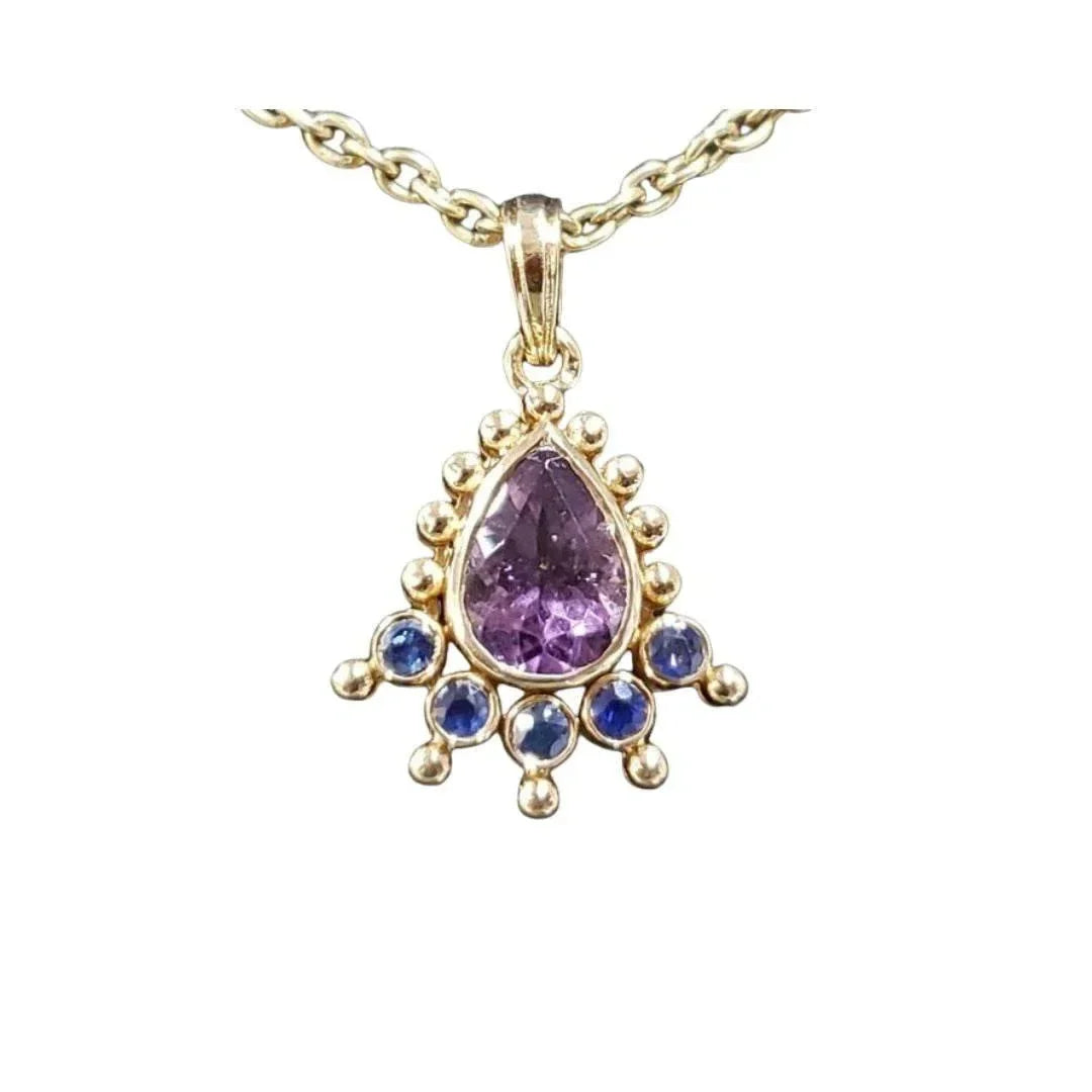 14k Gold Pear Tourmaline Pendant with Blue Sapphires - K Jewelry Accessories