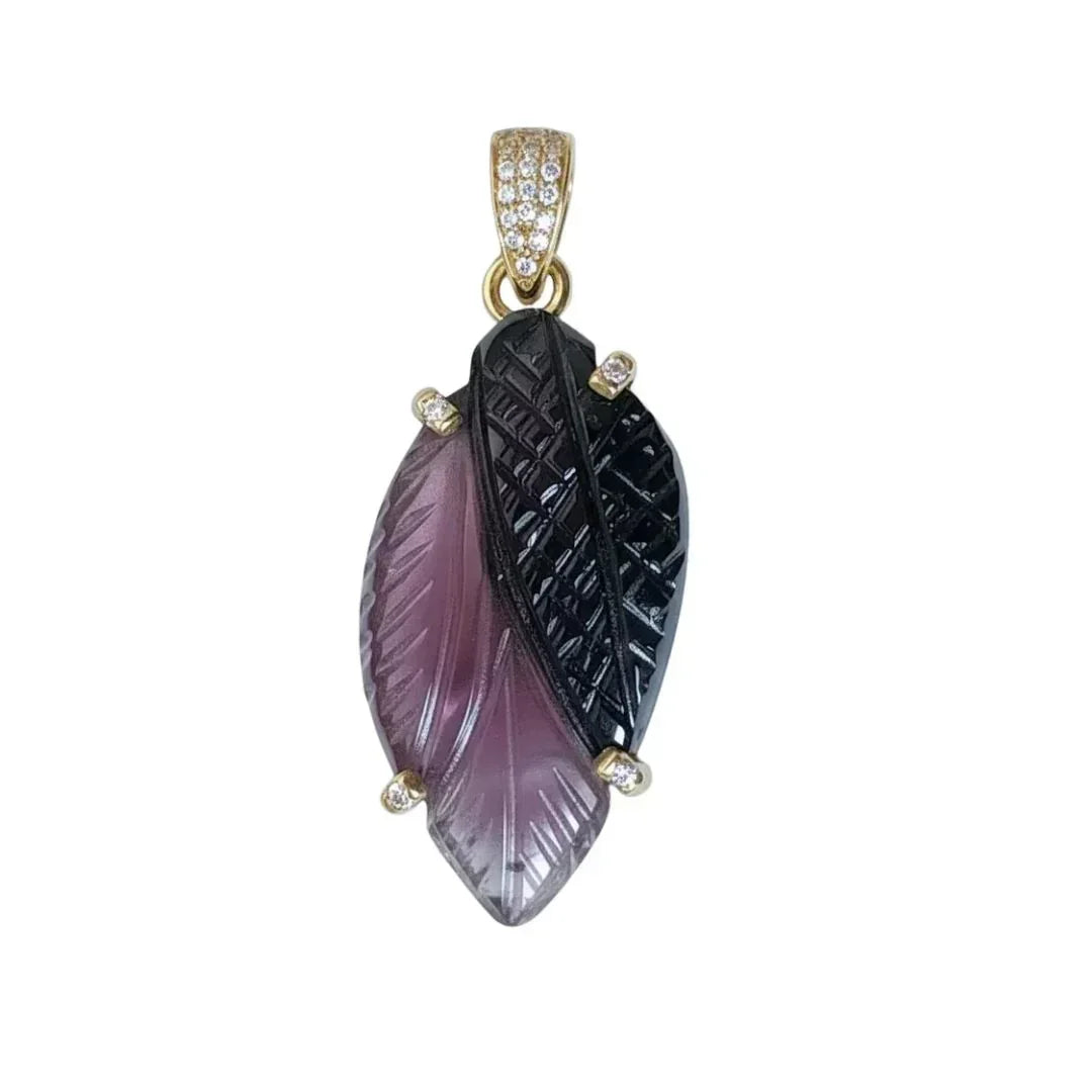 14k Gold Carved Tourmaline Leaf Pendant • Diamond Accent Necklace - K Jewelry Accessories