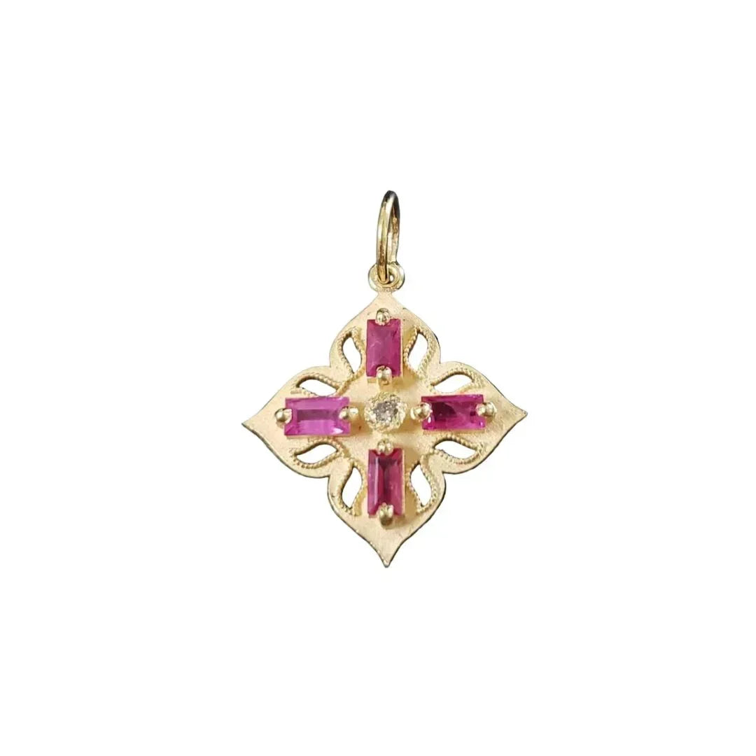Floral 14k Gold Ruby Diamond Pendant - K Jewelry Accessories