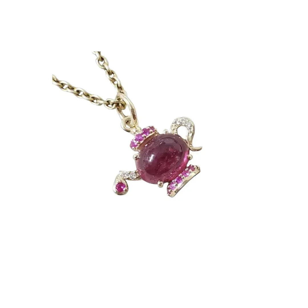 14k Gold Teapot Pendant: Pink Tourmaline Cabochon - K Jewelry Accessories