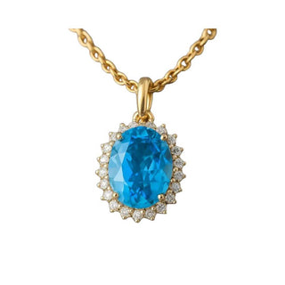 14k Gold Swiss Blue Topaz Gold Pendant with Diamonds – Oval Halo Gemstone Necklace - K Jewelry Accessories