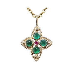 Round Emerald Cabochon Gold Pendant, Emerald Flower Pendant With Ruby Center - K Jewelry Accessories