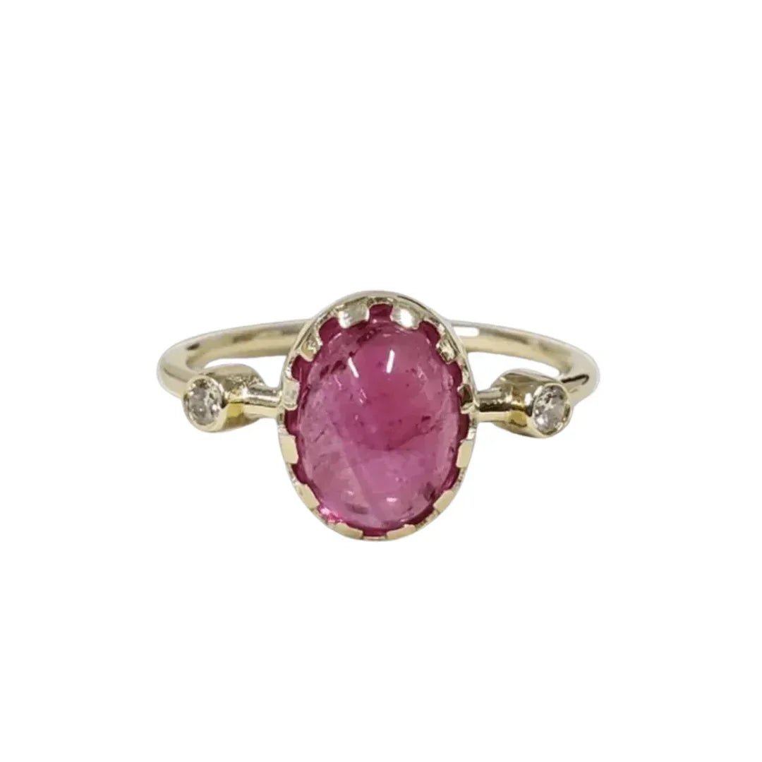 Handmade Cabochon Pink Tourmaline 14k Gold Ring: Stackable Diamond Accent - K Jewelry Accessories