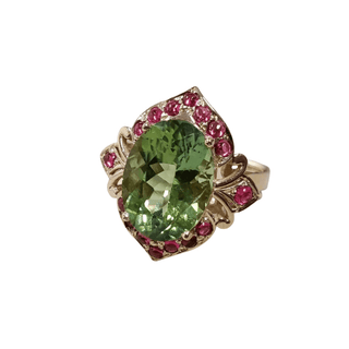 14k Gold Ring: Green Tourmaline & Rubellite Accent, Handmade Statement Jewelry - K Jewelry Accessories