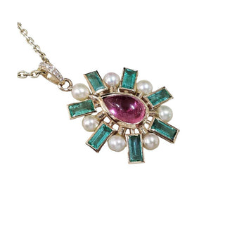 Gold Multi-Stone Pendant: Pearl, Pink Tourmaline, Emerald, Diamond - K Jewelry Accessories