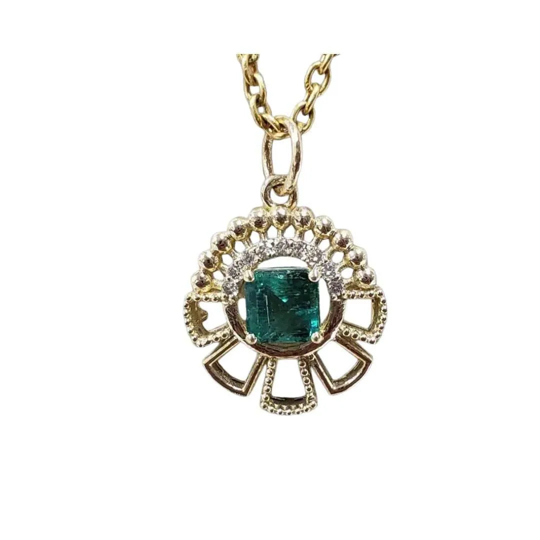 Emerald 14k Gold Pendant: Diamond Halo, Handmade Vintage Style - K Jewelry Accessories