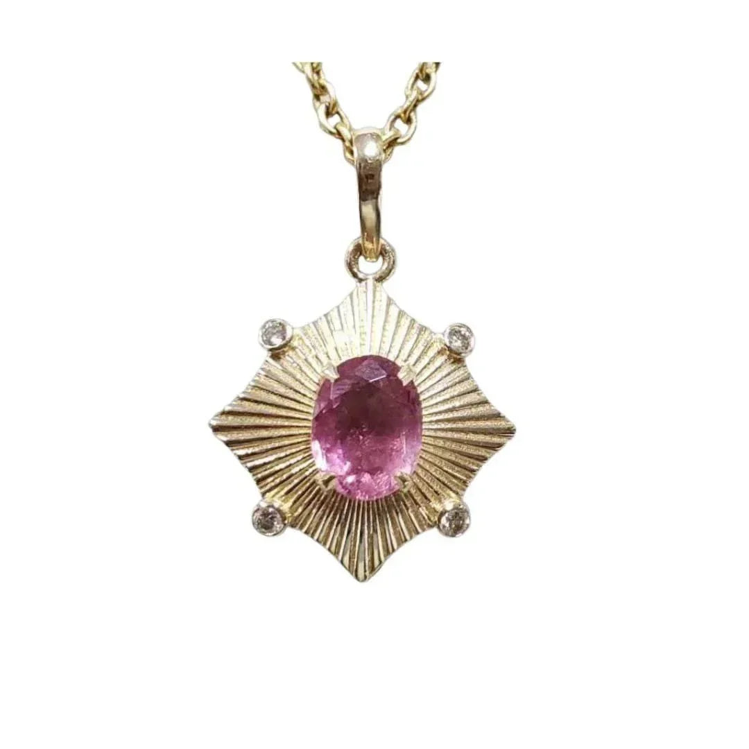 Pink Tourmaline Gold Pendant - Handmade Textured Design - K Jewelry Accessories