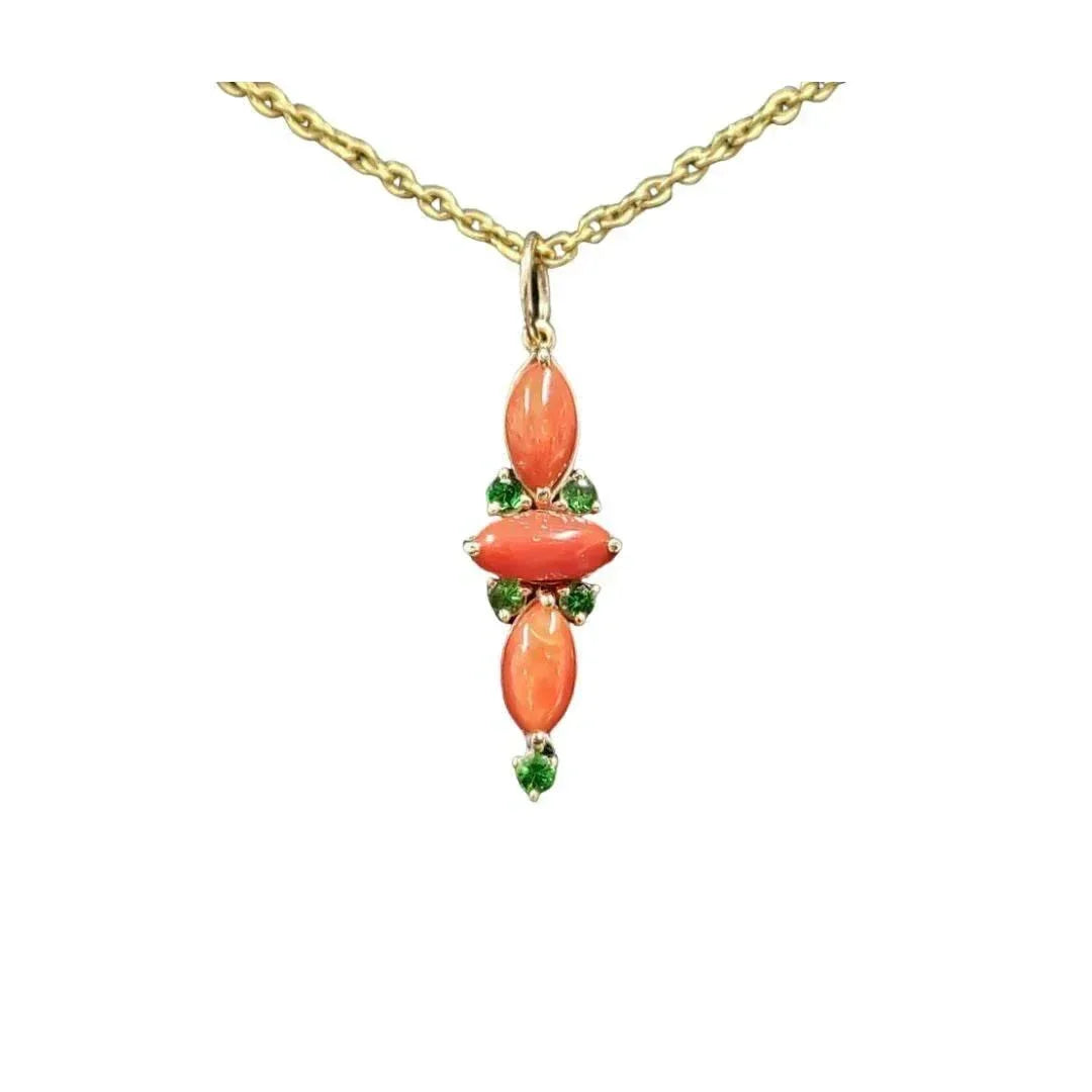 Italian Coral Tsavorite Gold Pendant: Marquise Gemstone Necklace - K Jewelry Accessories