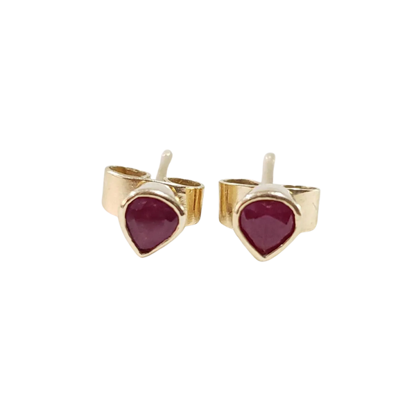 18k Gold Ruby Studs: Uncarved Heart Earrings, Precious Stone