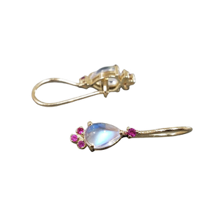 Blue Moonstone Ruby 14k Gold Earrings: Pear Cabochon Leverback