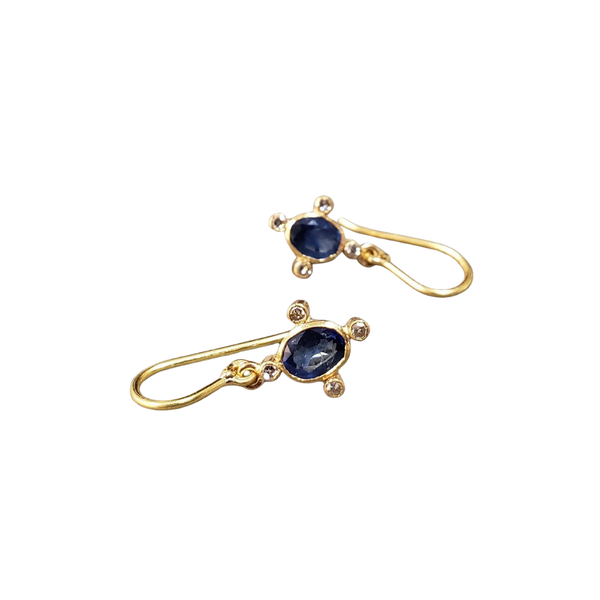 18k Gold Blue Sapphire Diamond Earrings: Handmade Oval Dangle Earwire